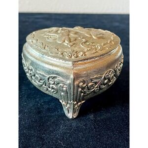 Vintage Japan Cherub Heart Jewelry Box Red Velvet Silver Tone Angel Trinket
